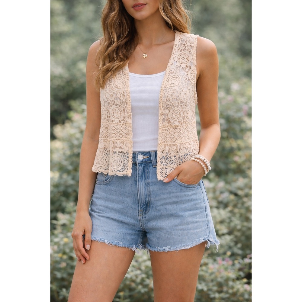 Crochet Lace Boho Cottagecore Prairie Festival‎ Lagenlook Open Vest Cream SZ M
